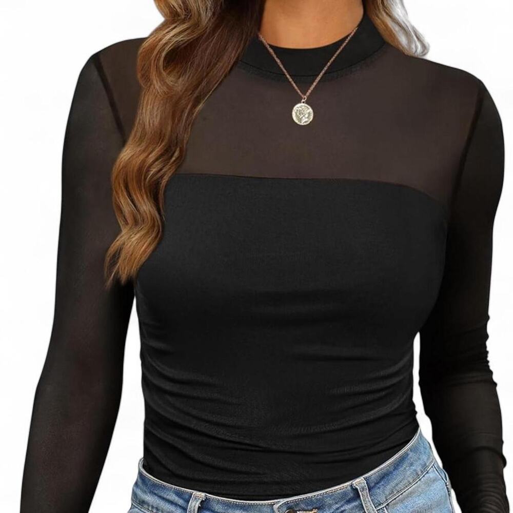 Black Mesh Long Sleeve Ruched Top Sheer Mock Neck Fitted